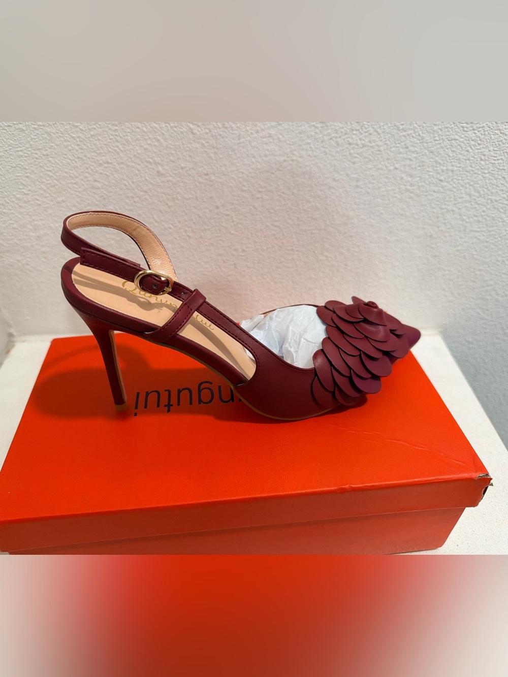 Elegant Burgundy Slingback Heels with Petal Detail